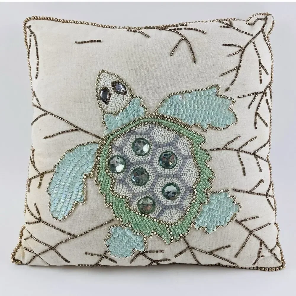 Pier 1 Beaded Sea Turtle Green Pillow with Zipper Mint Sage Beach Ocean Life Rid